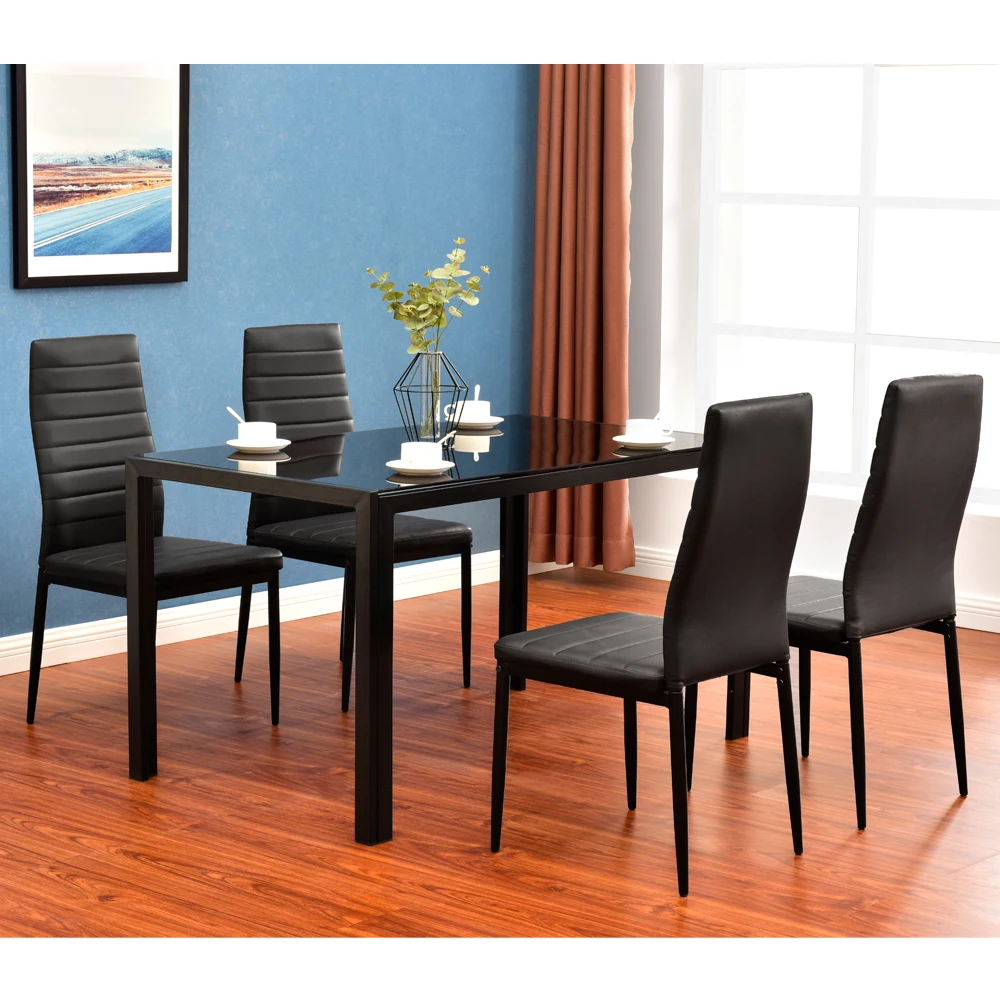 

Simple Assembled Tempered Glass & Iron Dinner Table + 4pcs Elegant Assembled Stripping Texture High Backrest Dining Chairs Black