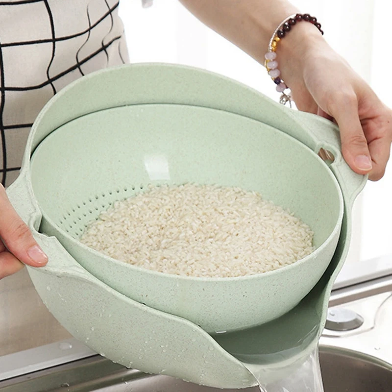 Double Kitchen Drain Basket Bowl Rice Washing Colander Baskets Kitchen