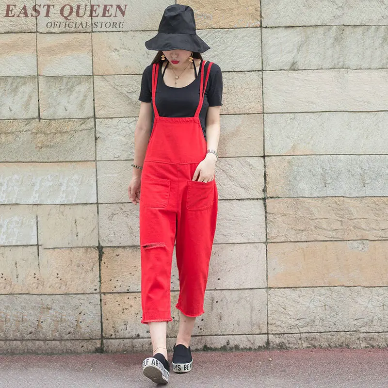 

Summer Red Jean Jumpsuit For Ladies Spaghetti Strap Overalls Playsuits Pocket Loose Casual Destroyed Women Dungarees AA4842
