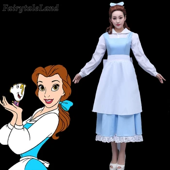 

Belle Village Blue Dress Fancy Halloween Costumes For Adult Women Kids Girls Beauty And The Beast Cosplay Costume Apron Outfit