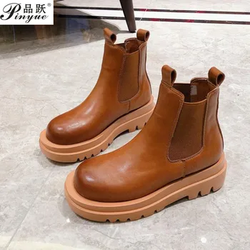 

Europe Style Women's Shoes Women Boots Autumn Cowskin Leather Half Boots Thick Heels Fashion Martin Boots Round Toe Slip-On