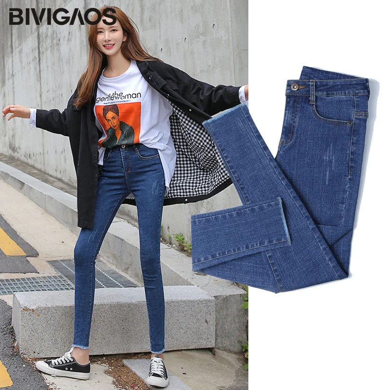 BIVIGAOS новые Мода и досуг высокие эластичные укороченные джинсы с когтями джинсовые узкие брюки узкие облегающие джинсы леггинсы женские джеггинсы черный синий