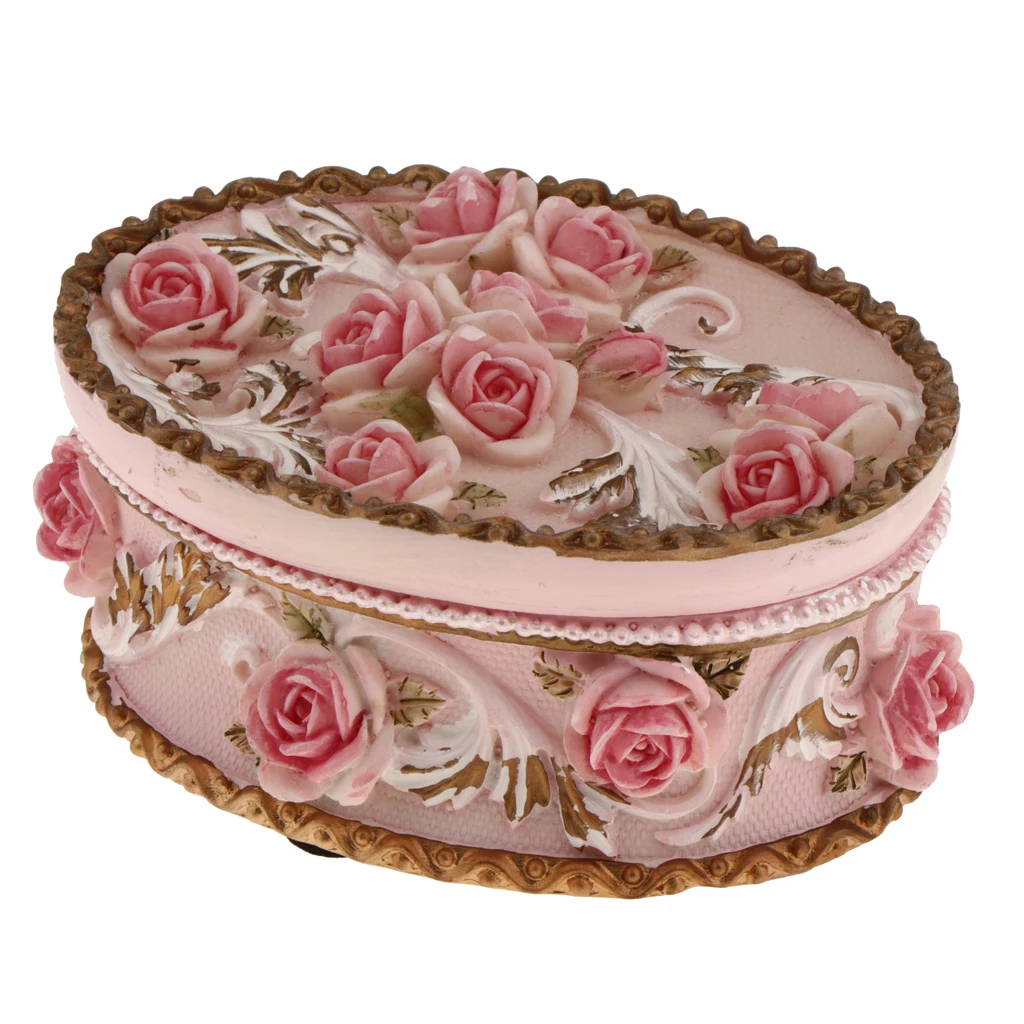 Country Style Rose Flowers Oval Shape Resin Wedding Jewelry Bride Bridesmaid Keepsake Box Storage Container Case