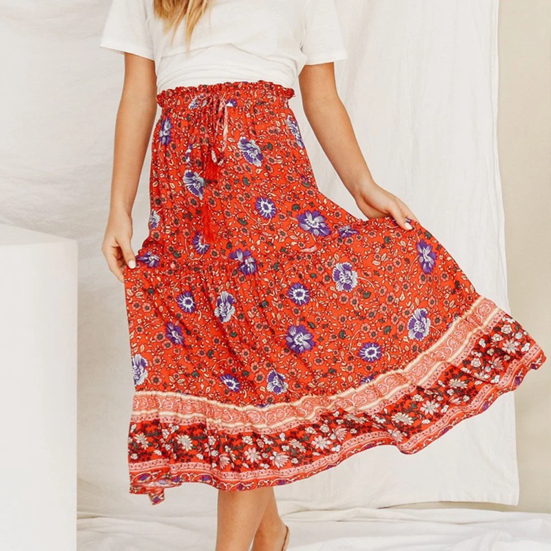 

Summer style Casual women beach boho maxi skirt 2020 Red Floral Chiffon Printed Cotton printed tassel Skirt Wrap lace-up skirts