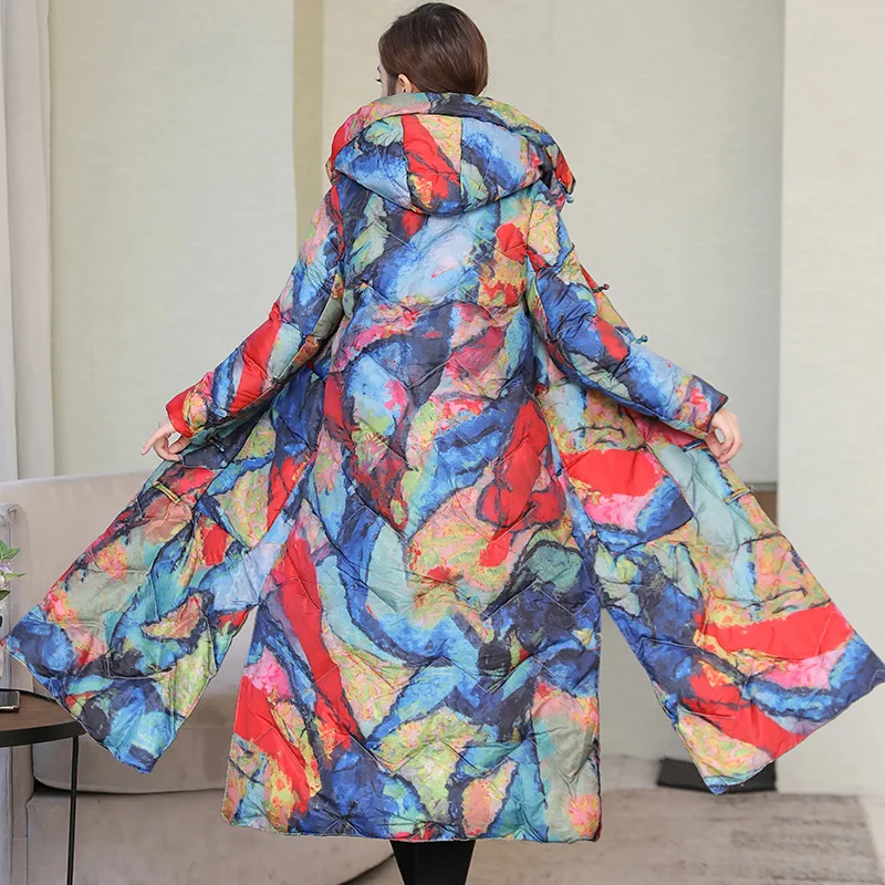 

8034 # Winter Coat Women's 2019 Ethnic-Style Printed Large Size Mid-length Cotton-padded Clothes Cotton-padded Jacket Hooded Cot