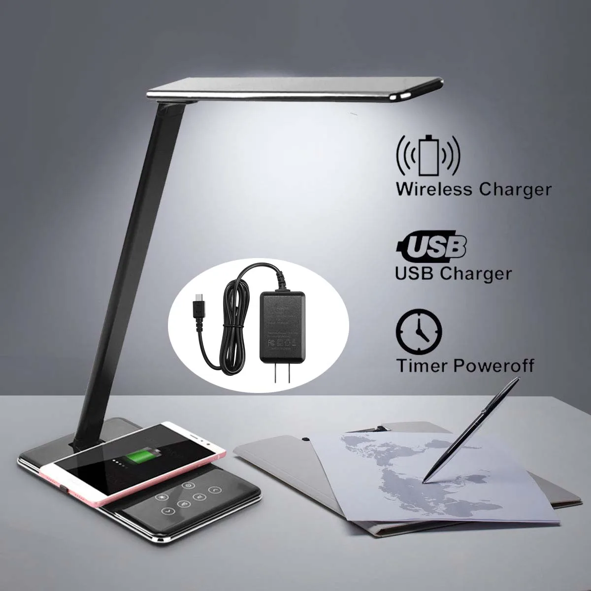  48LED Table Desk Lamp QI Wireless Charging Dimming Touch Switch Reading Light Phone Charger Pad Eye - 4000235974372