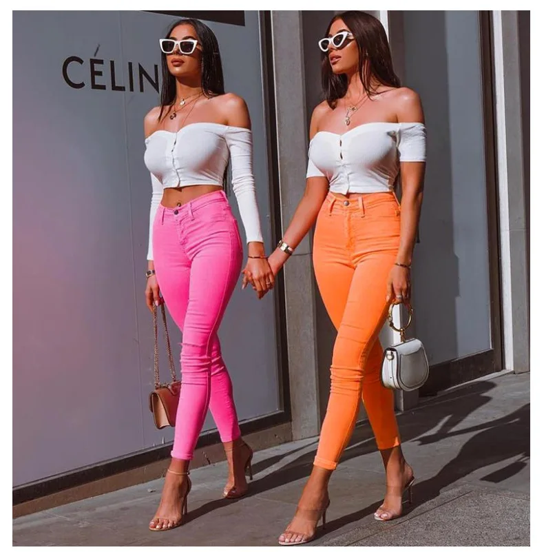 

2019 New Trend Fluorescent High Waist Slim Fit Thin Wild Casual Pure Color Pants
