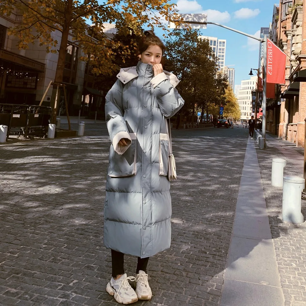 

Photo Shoot CHIC Contrast Color And Ankle Long Cotton Overcoat 2019 Winter New Style Retro Large Pocket Hooded Cotton Coat