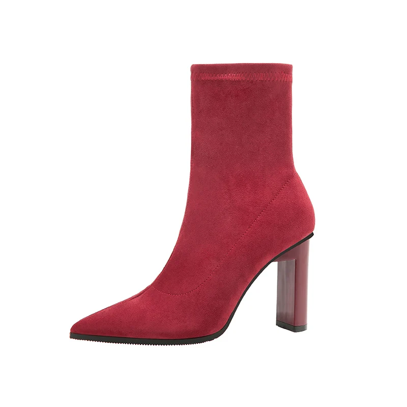 Г.; сезон зима-весна; Модные женские дизайнерские замшевые носки на высоком каблуке; Цвет зеленый, черный; эластичные ботильоны из флока; обувь винно-красного цвета - Цвет: Бордовый