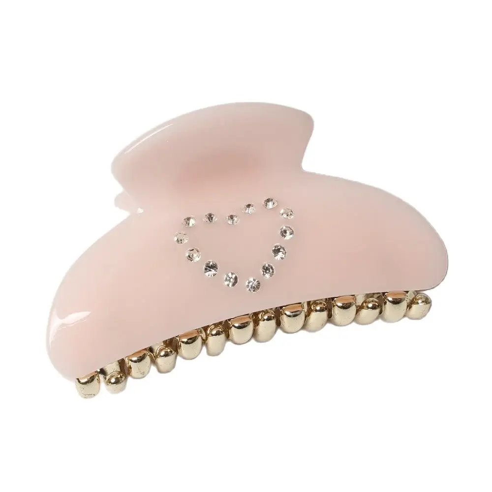 Pink And Beige Acrylic Hair Claw Gold Teeth Plastic Hair Accessories  Heart-shaped Pattern With Stone Hair Clamp For Women