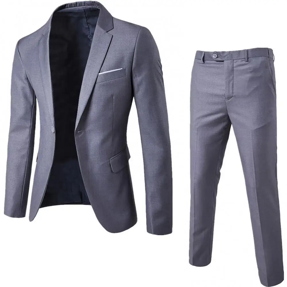 2Pcs Solid Color Suits Men Long Sleeve Lapel Collar Blazer (Jacket+Pants) Suit for Wedding Busniess Set costumes homme | Мужская одежда