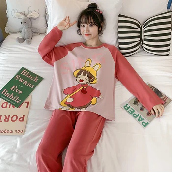 

Cartoon Nighty Spring Fall Pyjamas Women Sleepwear Cotton Pajamas Pullover Loose Version Pajamas Plus Size XXL