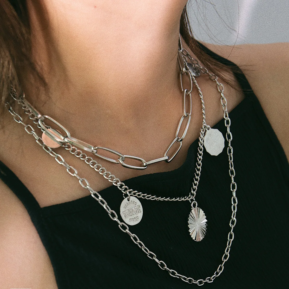 Europe And America Accessories Exaggeration Cool Geometry Lettered Necklace Retro Multilayer Coin Tassels Chain Necklace Women's