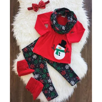 

Christmas Clothes For Girls Fashion Kids Girls Long Sleeve Cartoon Snowman Tops Dress Snow Printed Pants Scarf 3Pcs Outfits