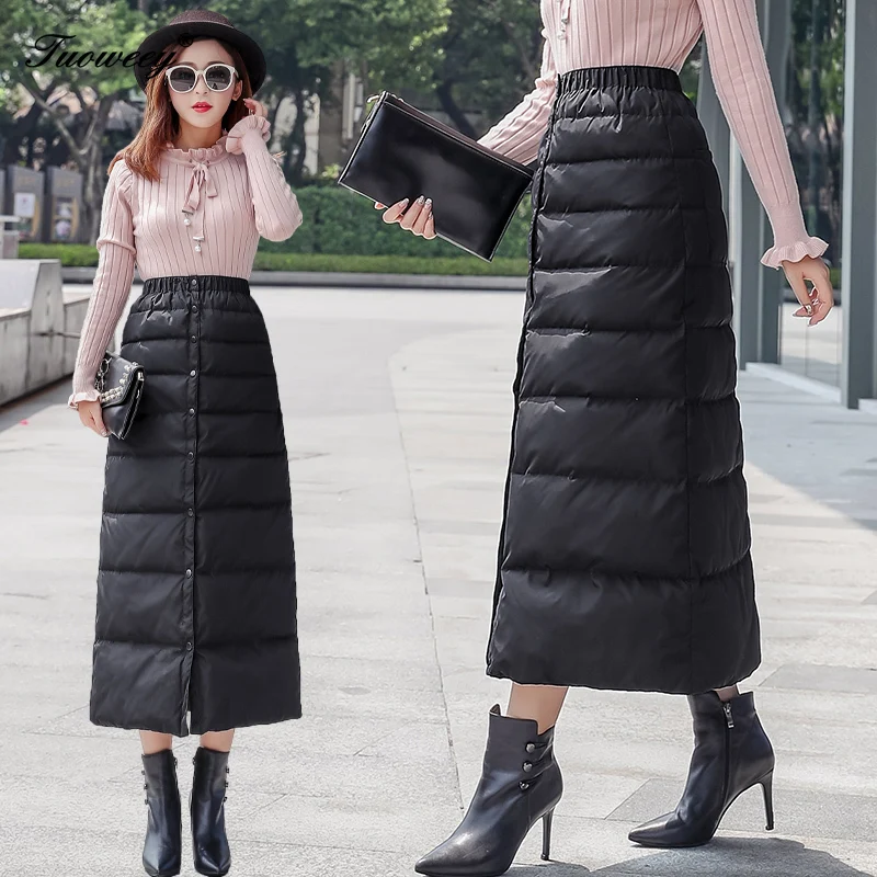 Размера плюс 3XL женские осенне-зимние юбки модные пуговицы Высокая талия теплая пуховая юбка средней длины женские трапециевидные юбки