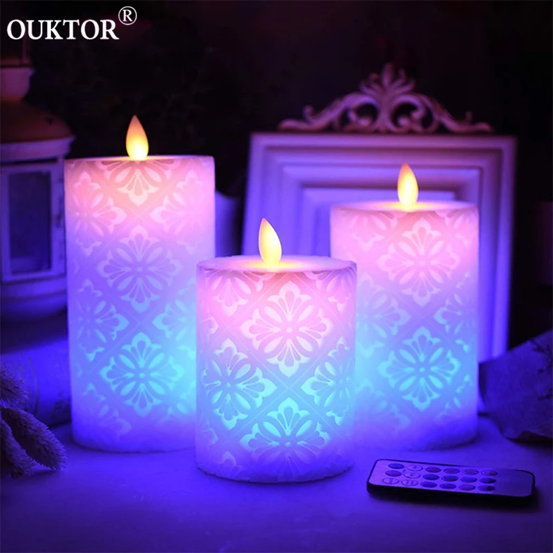 Dancing Flame LED Candle Light with RGB Remote Control Timer Wax Pillar