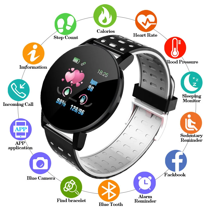 

Reloj 119plus Man SmartBracelet Bluetooth Sport Fitness Heart Rate Blood Pressure Monitor Alarm Clock Round Smartwatch android