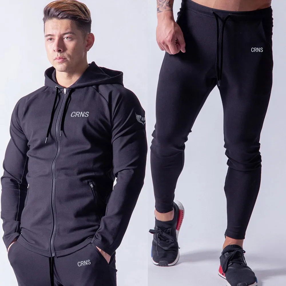 Новая толстовка с капюшоном, комплект со штанами, повседневный спортивный костюм для мужчин, спортивный костюм для бега, спортивные штаны, осенние мужские хлопковые Брендовые спортивные брюки - Цвет: Black (Set)