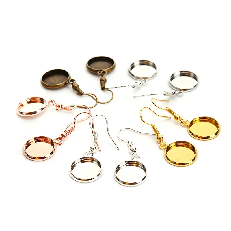 10pcs/lot Blank Setting Round Pendant Ear Base Tray Bezel Cabochon Earring Hook Findings For DIY Glass Cameo Jewelry Making