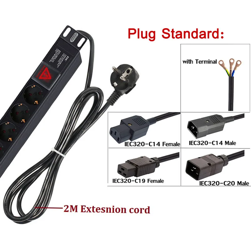 Gabinete Power Strip Alemão - Francês Soquete Sobrecarga Lightningproof Break Switch ue Iec320 C13 14 19 20 Plug 2m Cabo Pdu 8ac - Image 6