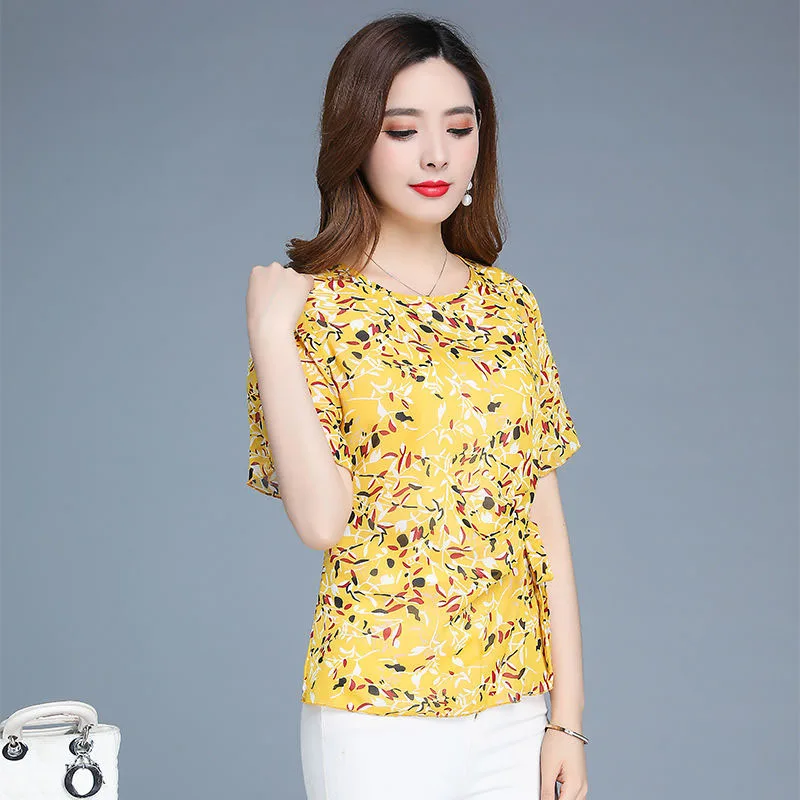 

Women Spring Summer Style Chiffon Blouses Shirts Lady Casual Short Flare Sleeve Polka Dot Printed Blusas Tops DF2934
