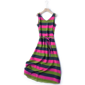 

Dress Sundress Indie Folk Striped Sleeveless Tank Dress Natural Silk V-Neck A-Line robes femme nouveautes 2020