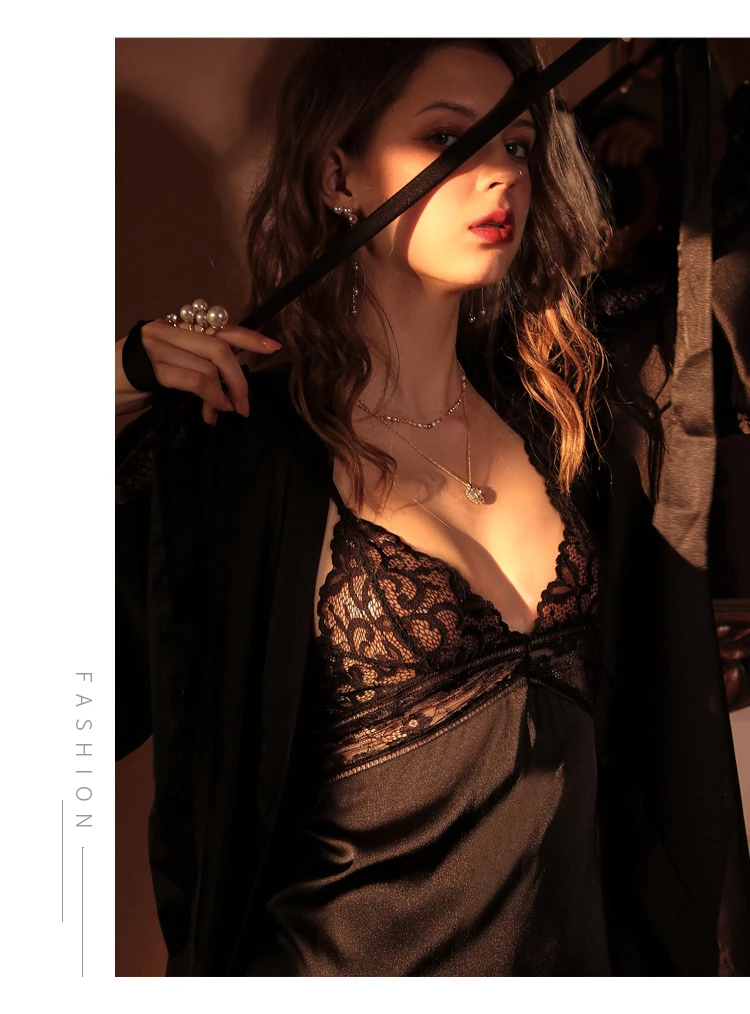 CINOON Sexy Silk Nightgown Embroidery Lace Bath Gown Nightdress Summer Sleepwear Wedding Night Dress Robe With Belt Home Clothes Nightwear (7)