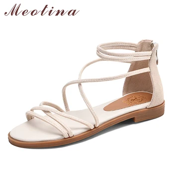 

Meotina Women Shoes Narrow Band Kid Suede Sandals Round Toe Flat Shoes ZIP Cross-Tie Female Footwear Summer Black Big Size 10.5