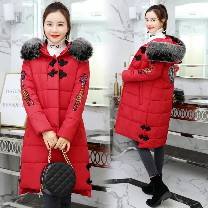 

Retro National Wind Cotton-padded Clothes Mid-length 2018 Winter New Style Slim Fit Chinese-style Large Fur Collar Large Size Co