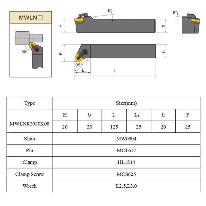 Set of 20mm Lathe Turning Tool Holder MWLNR2020K08+ 10 WNMG0804 Carbide Inserts