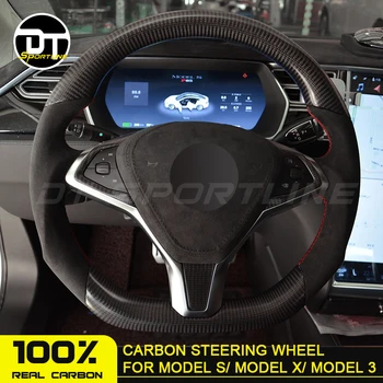 

customized carbon fiber steering wheel for Te-sla and Leather Car Front Accessories trims car Replacement for MODEL S X 3