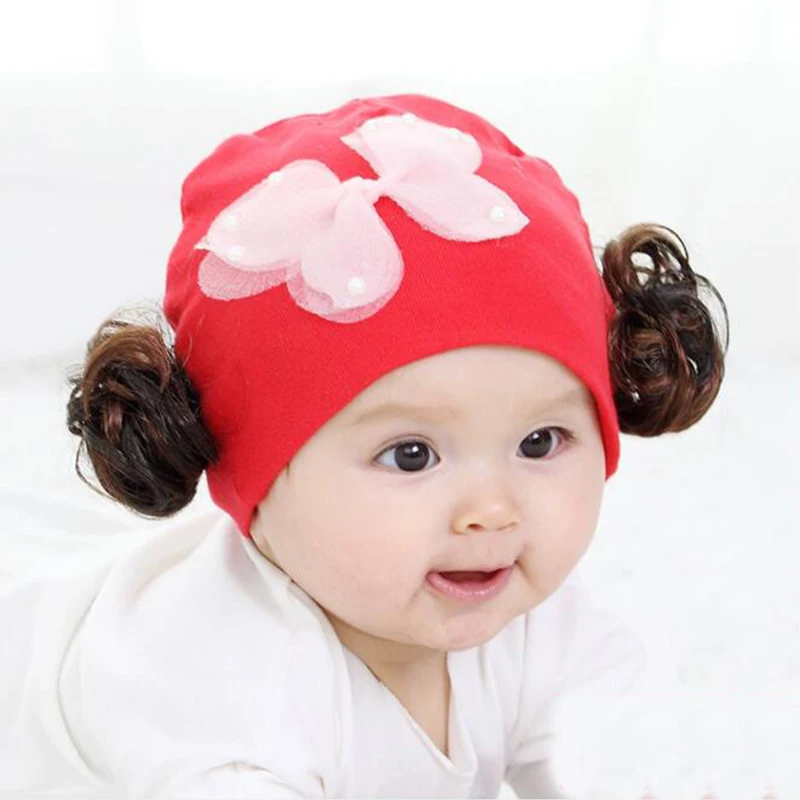 Шляпы для малышей шляпы для девочек с париком бантом новорожденных шляпы хлопковые детские колпачки весенне-осенние детские шапочки 0-12 м