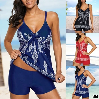 

2020 New Women's 2-piece Floral Tankini Tummy Control Swimwear Printed Tank Top Fashion Boyshorts Bathing Suit Ladies Beach Suit