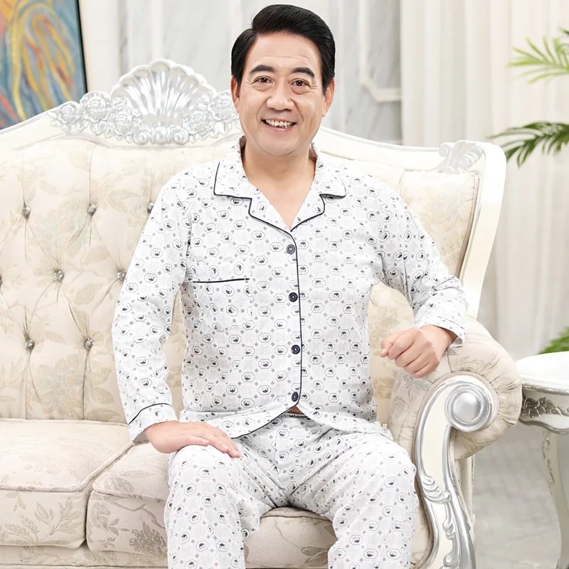 

Fold-down Collar Plaid Pajamas Men Long Sleeve Spring And Autumn Middle-aged Pajamas Cardigan Dad Set Home Wear