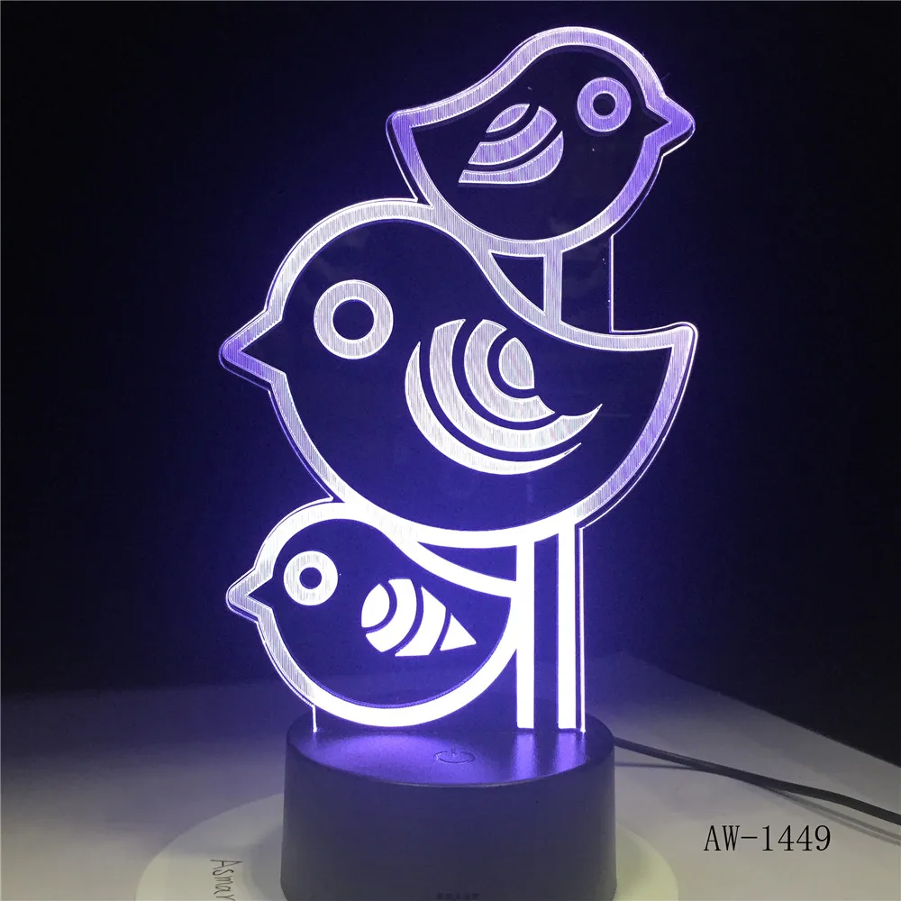 Креативная модель с тремя птицами, светодиодный 3D лампа, USB, цветная настольная лампа, детская спальня, ночник для дома, лампа для офиса, AW-1449