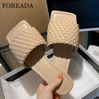 

FOREADA Women Shoes Flat Slippers Square Toe Slides Casual Shallow Sandals Fashion Female Beach Footwear Summer Black White 39