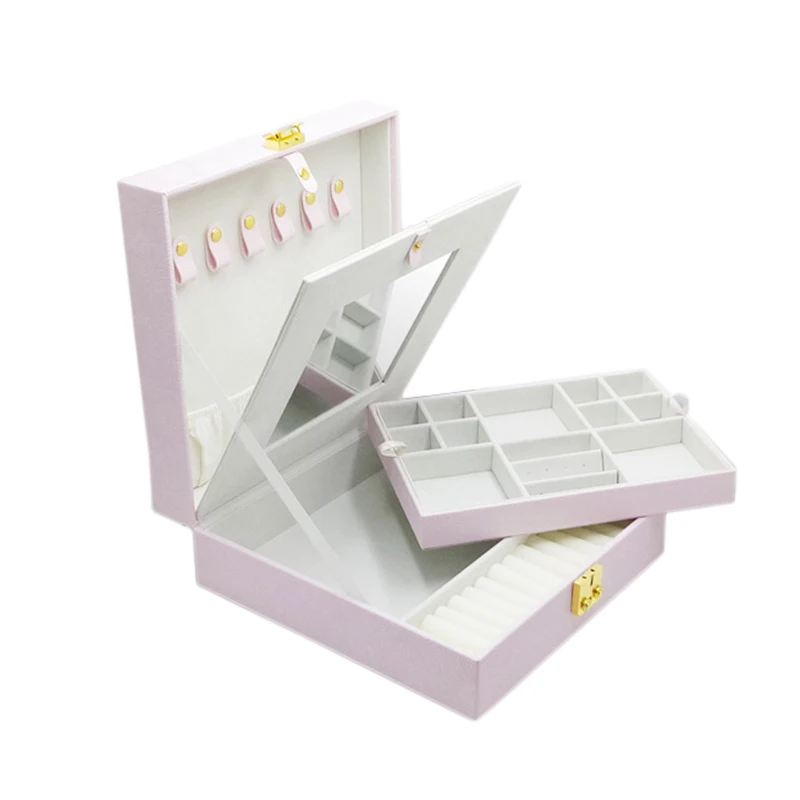 

PU Double Jewel Box with Vanity Mirror Earrings Bracelet Ring Storage Box with Jewelry Box Key