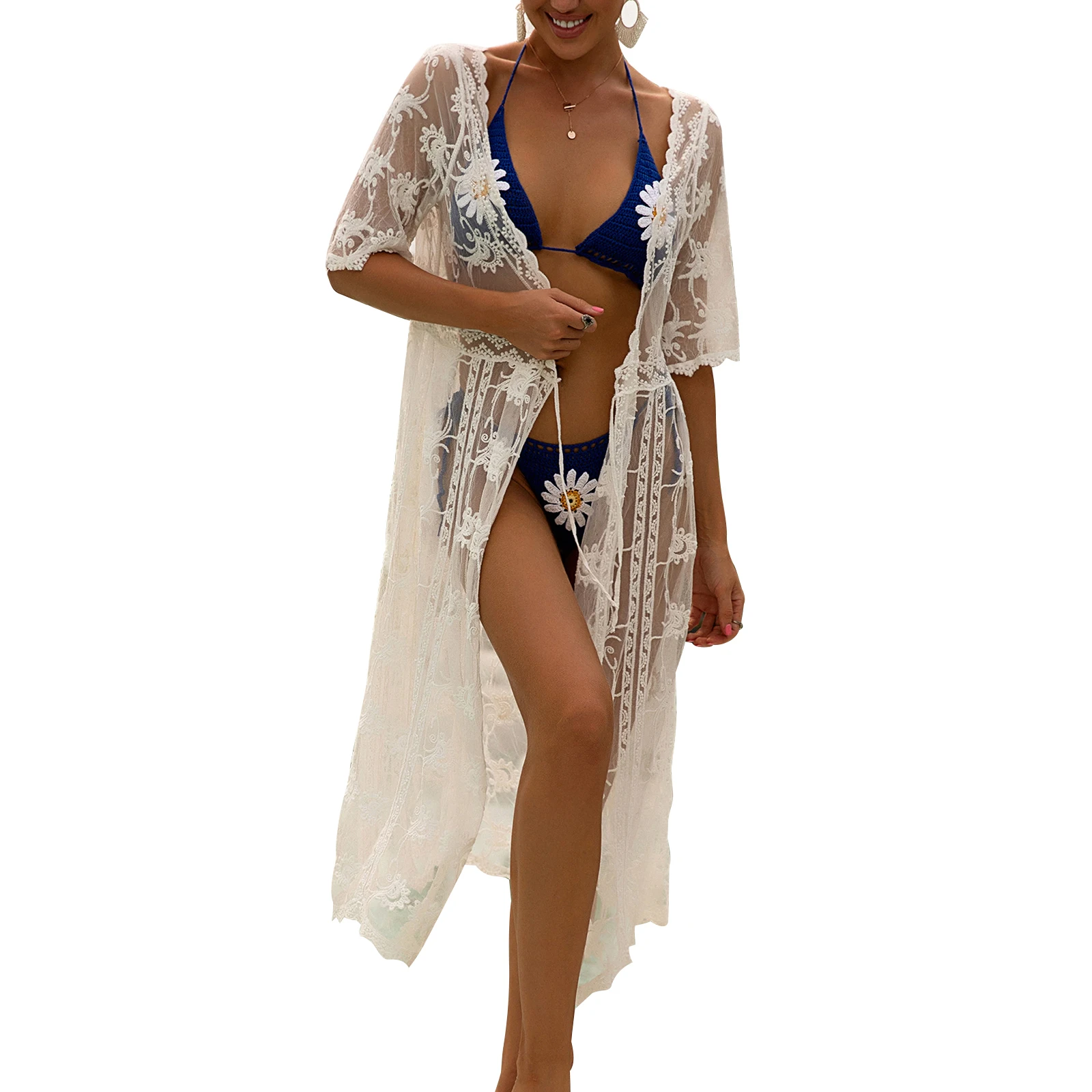 Female Bikini Cover Ups Lace Floral Deep V-Neck Short Sleeve Hollow Out Beach Dress Smock Coat for Women Swimwears Beach Robe Cover Up Cover-Ups