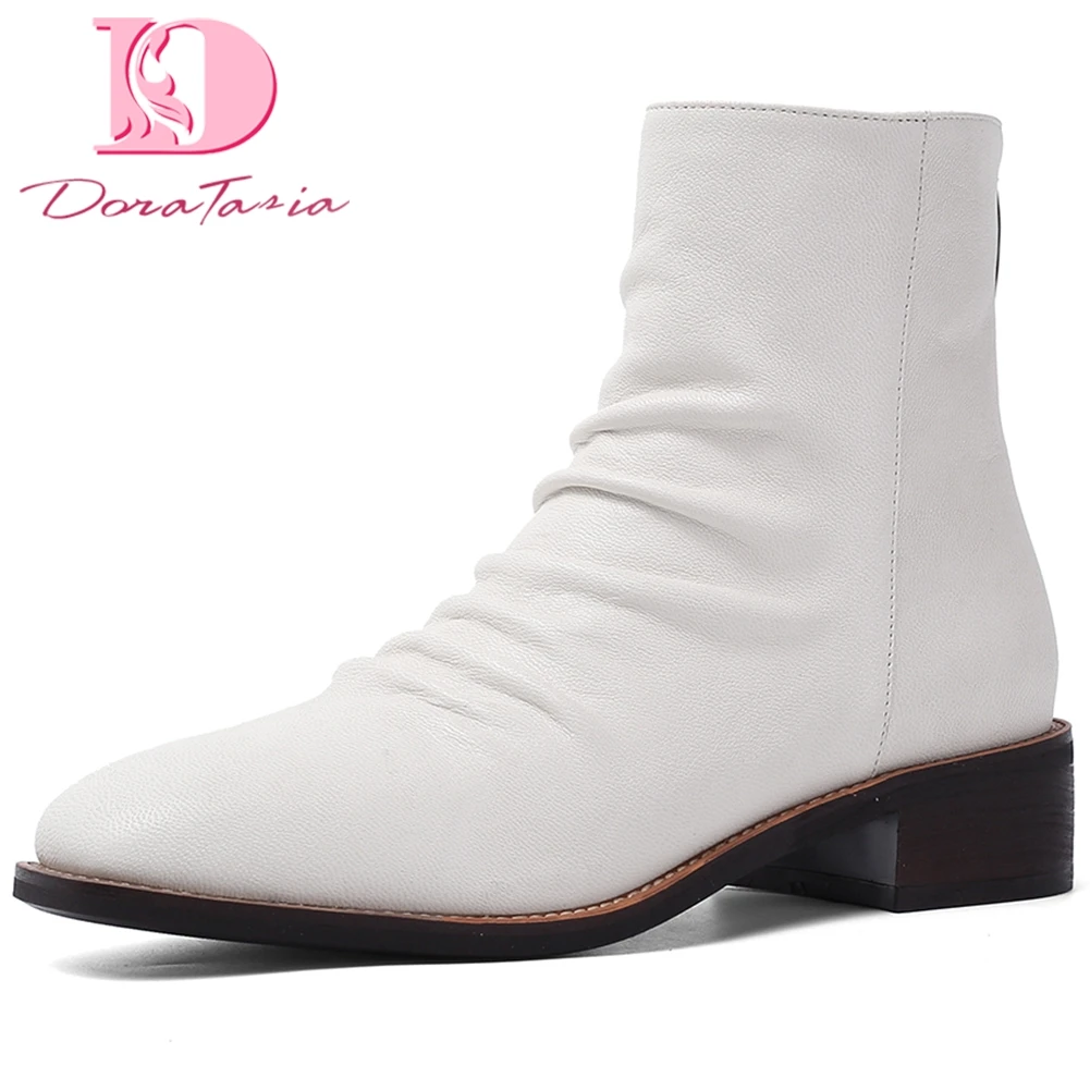 

Doratasia Genuine Cow Leather New Design Black Shoes Women Boots Female Chunky Heels Zip Up Ankle Boots Woman Shoes
