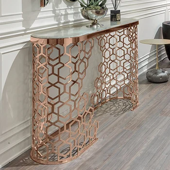 

Custom italian design marble top pink gold stainless steel hallway console table