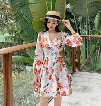 

2020 New Arrival Fashion Spring Rompers Womens Jumpsuit V-Neck Long Sleeve Button Lace Floral Printing Spliced Casual Jumpsuit