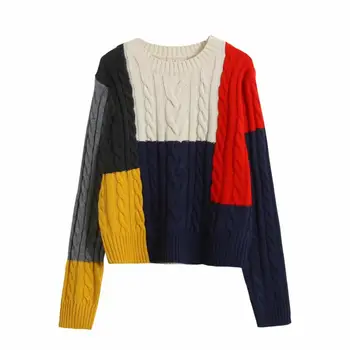 

Women Pullover Sweater Contrast Colors Patchwork Twist Knitted Long Sleeve Sweater Streetwear Female Autumn Winter Jumper