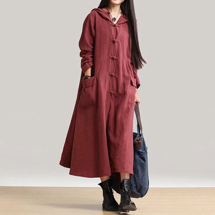 Осенне-зимнее Новое винтажное повседневное женское длинное платье макси с капюшоном, свободное платье с v-образным вырезом и длинным рукавом, однотонные карманы на пуговицах - Цвет: Wine Red