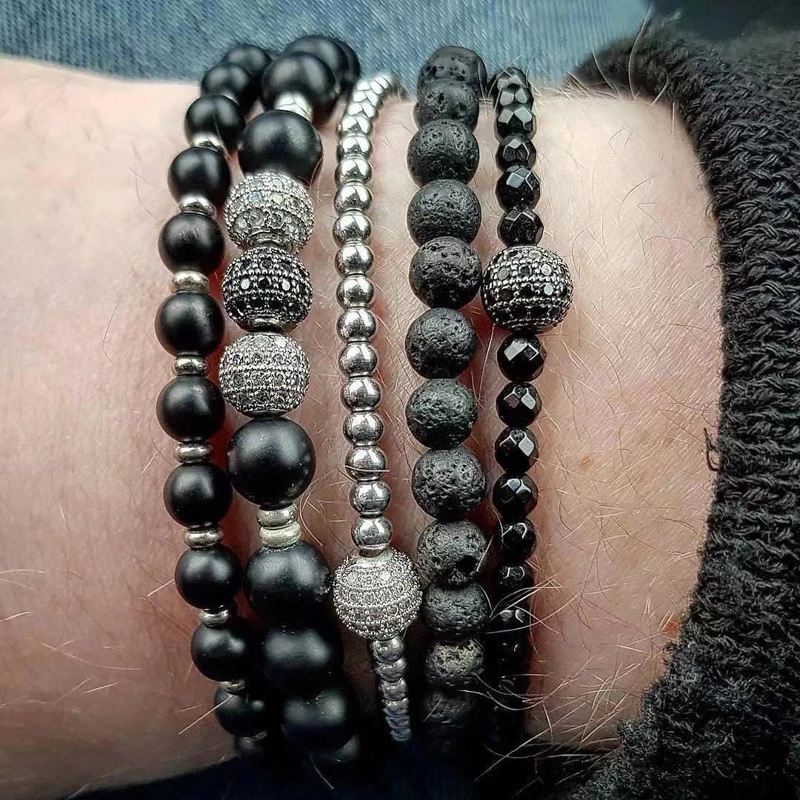

5pcs/set Vintage Disco Ball Charm Bracelet Men Pave CZ Matte Lava Stone Bead Bracelet For Men Jewelry Gift