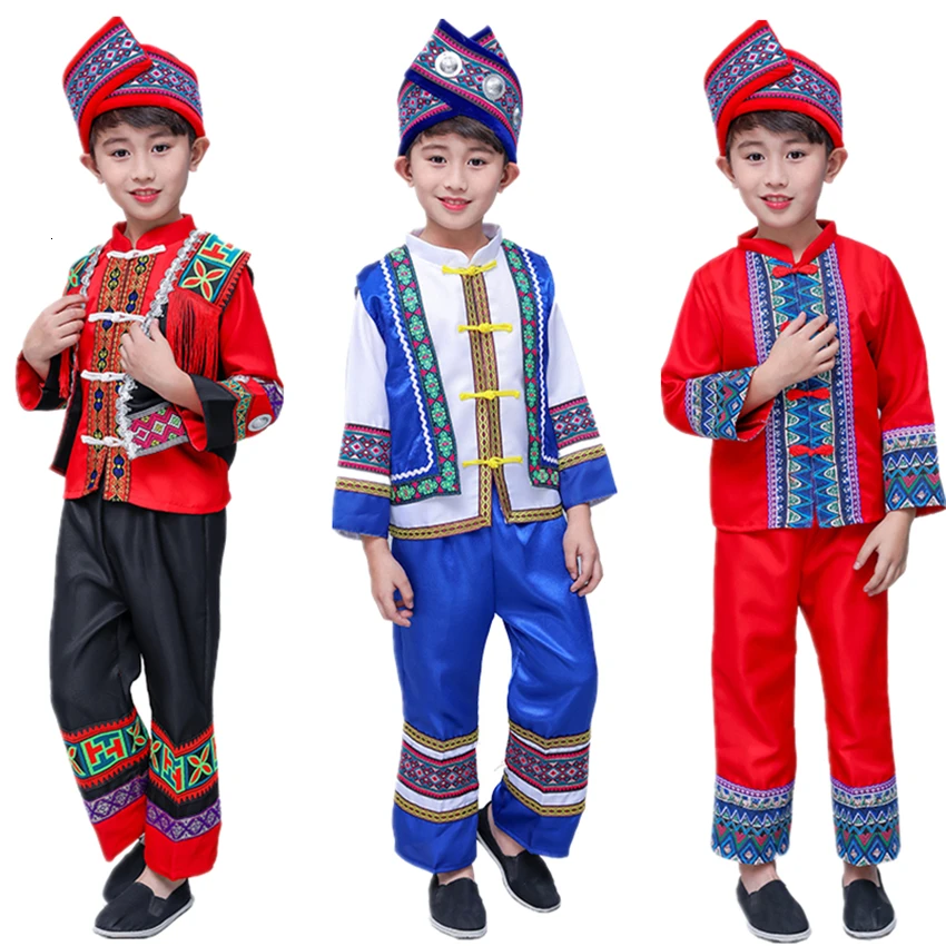Детский Древний китайский Hmong костюм Мяо народный праздник для сцены Waer мальчики печати народный костюм ханьфу комплект одежды
