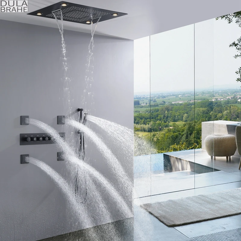 

Thermostatic Bathroom Shower Faucet System Set Stainless Steel Waterfall LED Rain Shower Head Brass Body Sprayer Jets