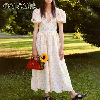 

GALCAUR Vintage Print Women's Dress Asymmetrical Collar Puff Short Sleeve High Waist Dresses Female Autumn 2020 Fashion New
