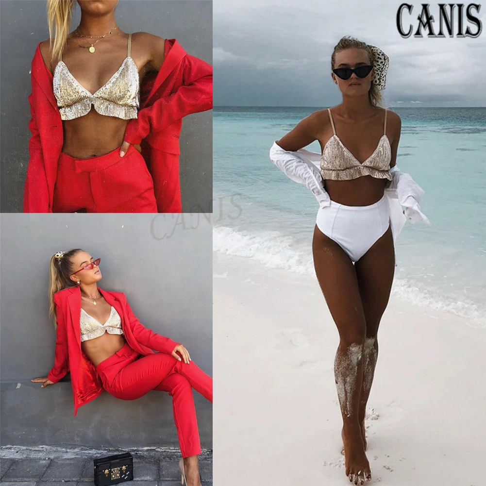 Women Sling Bralette Bra Sequin Crop Top Sexy Shiny Camisole sleeveless top women Ruffle Push Up Camis Women Clothing