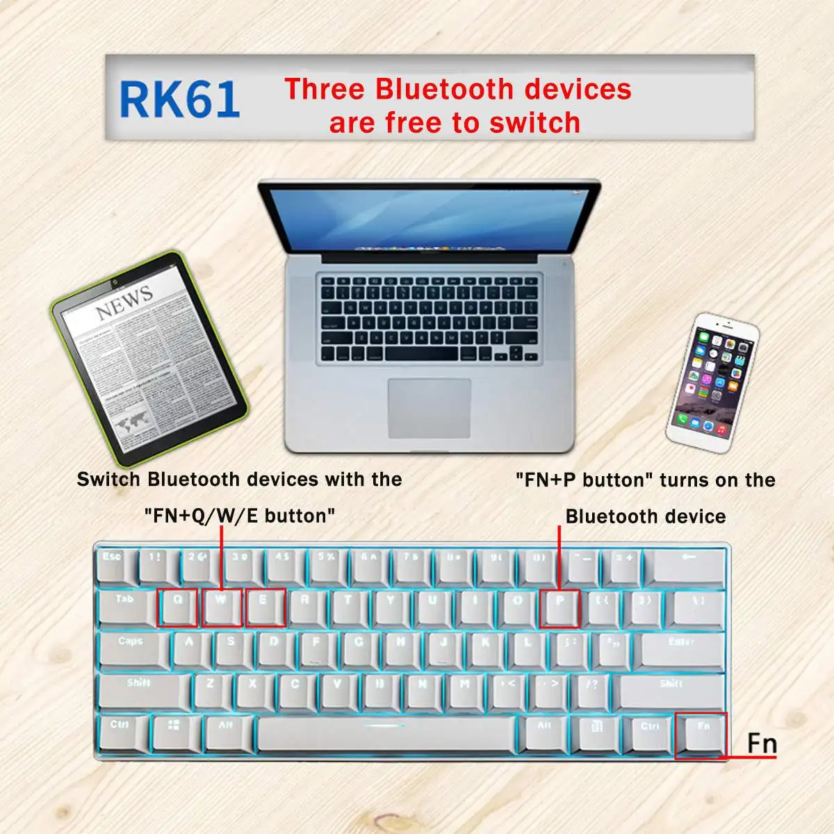 

RK 61 Gateron Switch RGB Mechanical Gaming Keyboard bluetooth LED Backlit Waterproof for Desktop English Layout