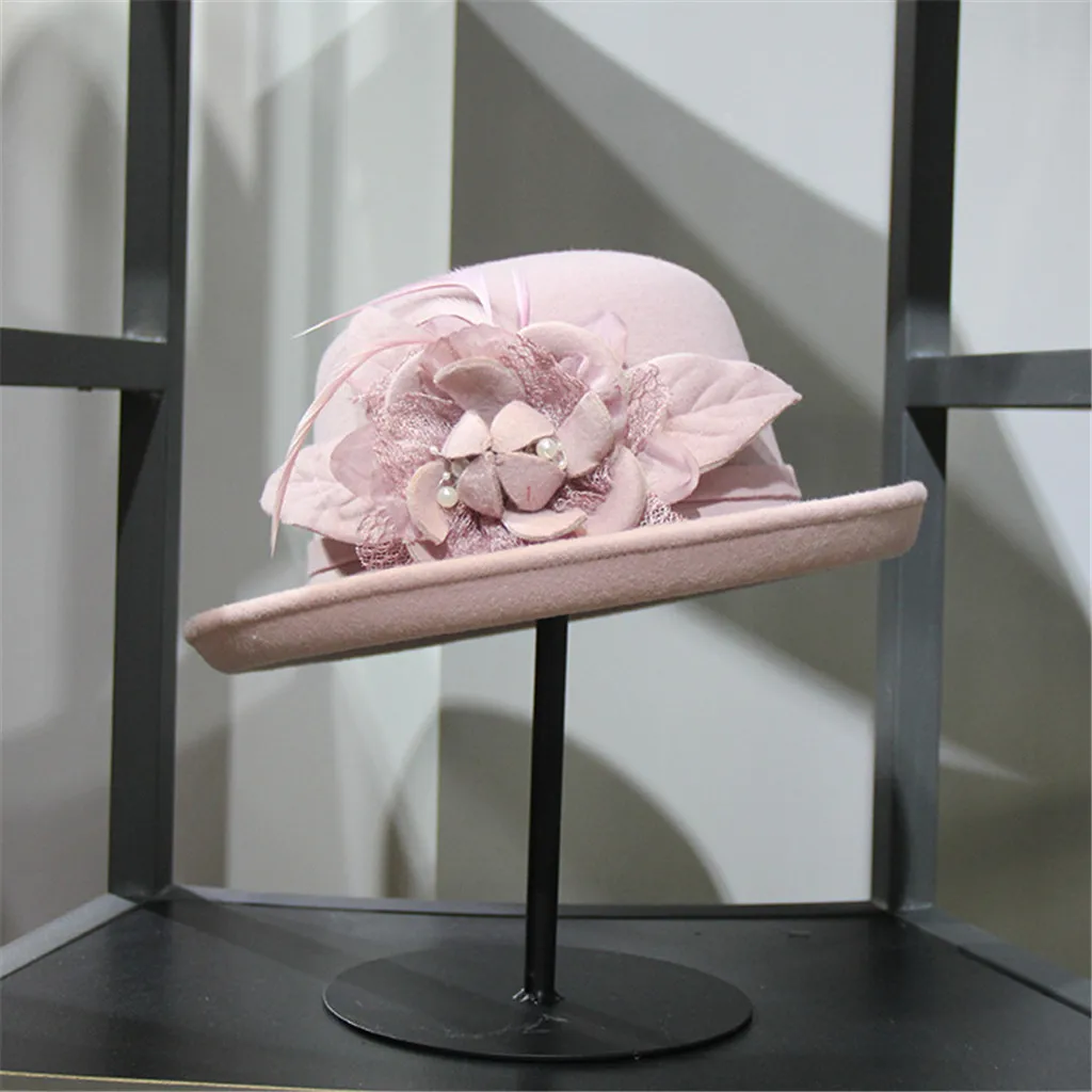 Женский топ шляпа цветочный котелок винтажные французские фетровые теплые вечерние берет французский стиль шляпа сомбреро шерстяная шляпа#445 - Цвет: Pink
